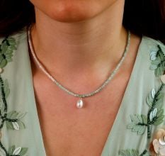 Aquamarine Beaded Necklace with Pearl Drop Pendant